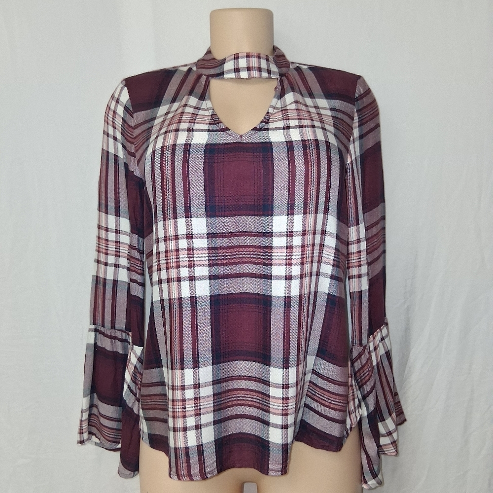 American Rag Cie Plainbell Vtg Burgundy Plaid Choker Blouse.Vtg Boho retro.Casua - Picture 16 of 16